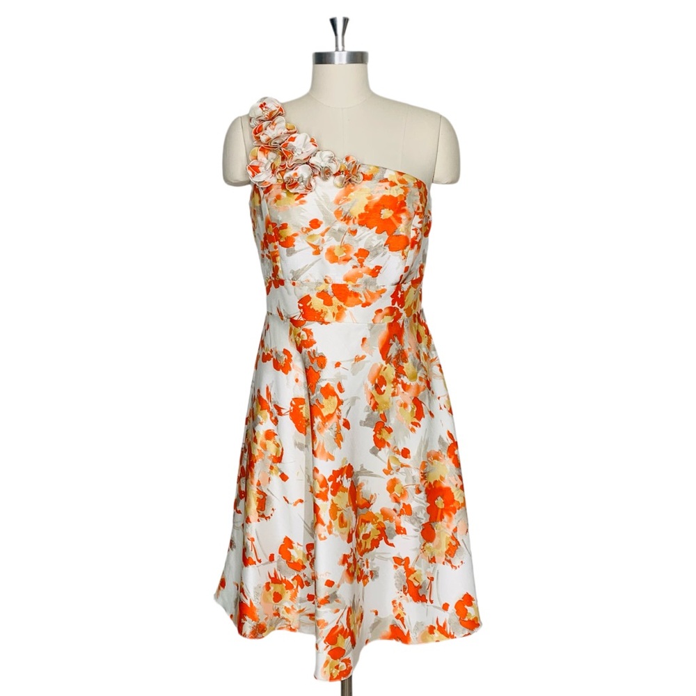 Tahari ASL Levine Floral One Shoulder Rosette Dress Size 6 Orange Ivory Party